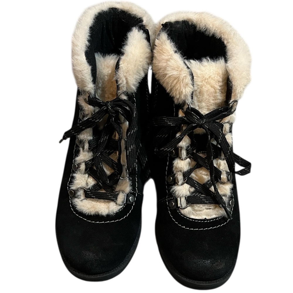 EARTH ORIGINS RADA FAUX SHEARLING TRIM SUEDE LEATHER ANKLE BOOTS BLACK SIZE 7